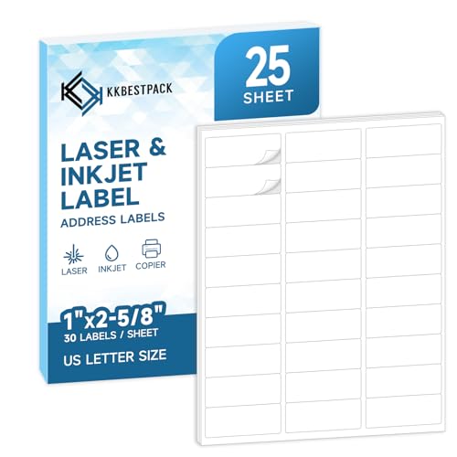 Address Labels for Printer 750 Labels - 1" x 2-5/8", Mailing, Storage & Pantry Organization, Laser/Inkjet Compatible, 30 Per Page, 25 Sheets